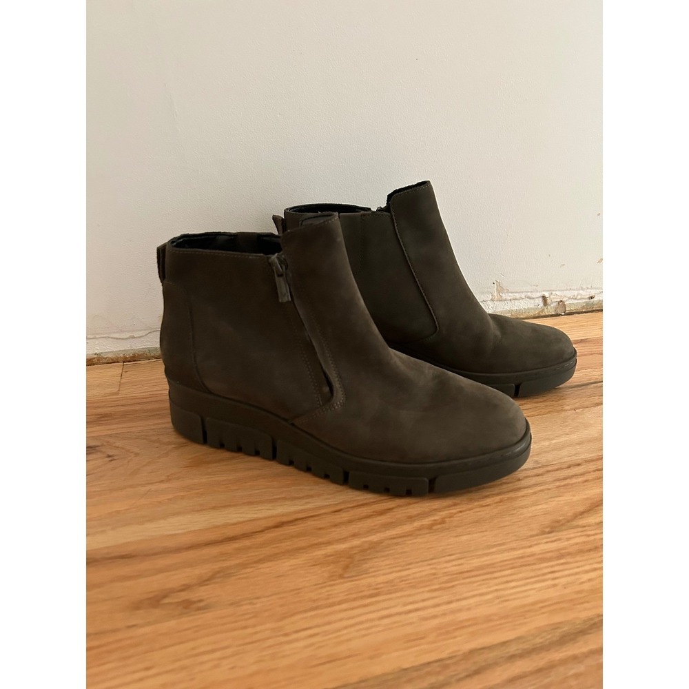 Vionic Uptown Ankle Boots Dark Olive Suede‎ Side Zip Wedge Women's 9.5